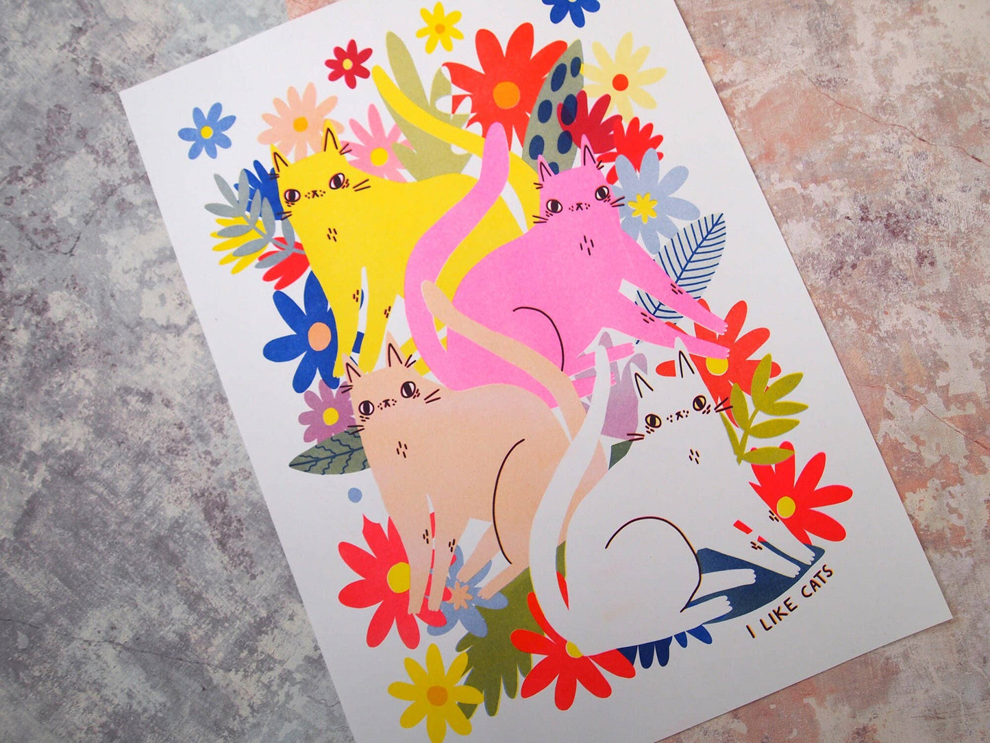 Cats and Flowers Riso Print Artwork