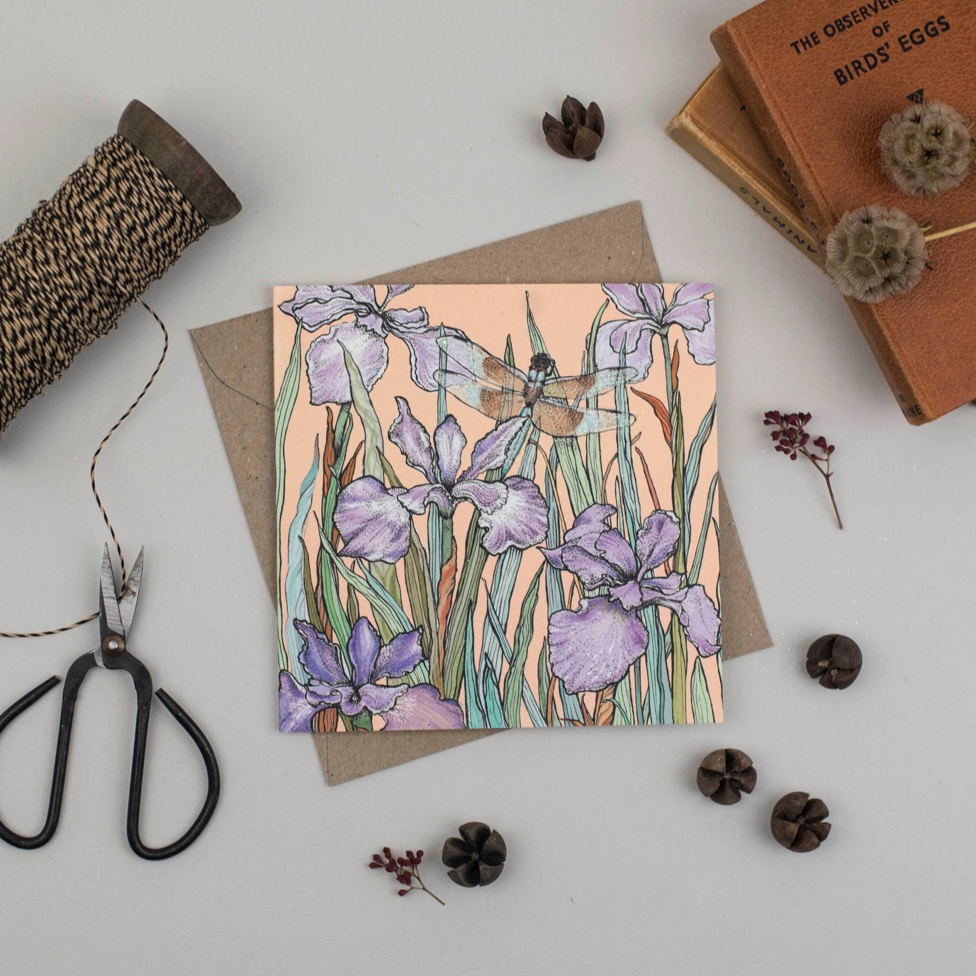 Dragonfly and Bearded Iris Greeting Card - The Regal Find