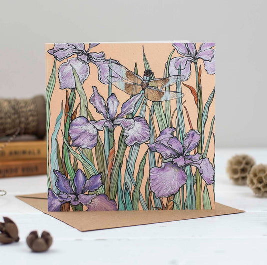 Dragonfly and Bearded Iris Greeting Card - The Regal Find