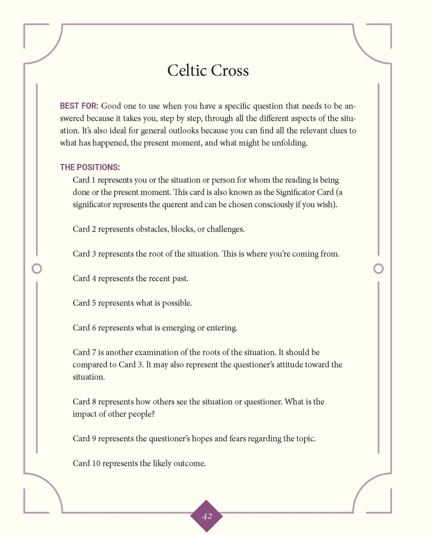 Informational text about the Celtic Cross card from a tarot or oracle deck.