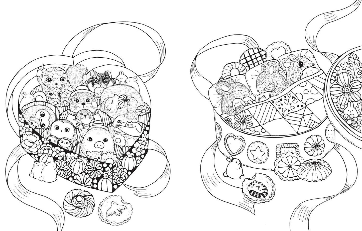 Two heart-shaped baskets filled with various small items and toys, suitable for a coloring book.