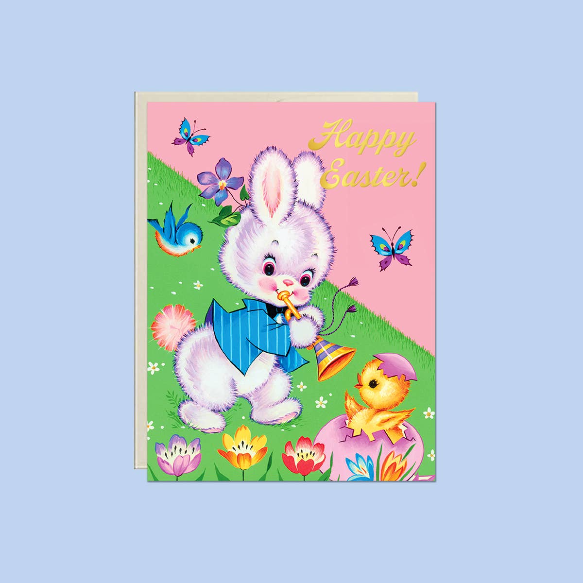 Happy Easter Vintage Bunny & Chick – Foil Easter Card