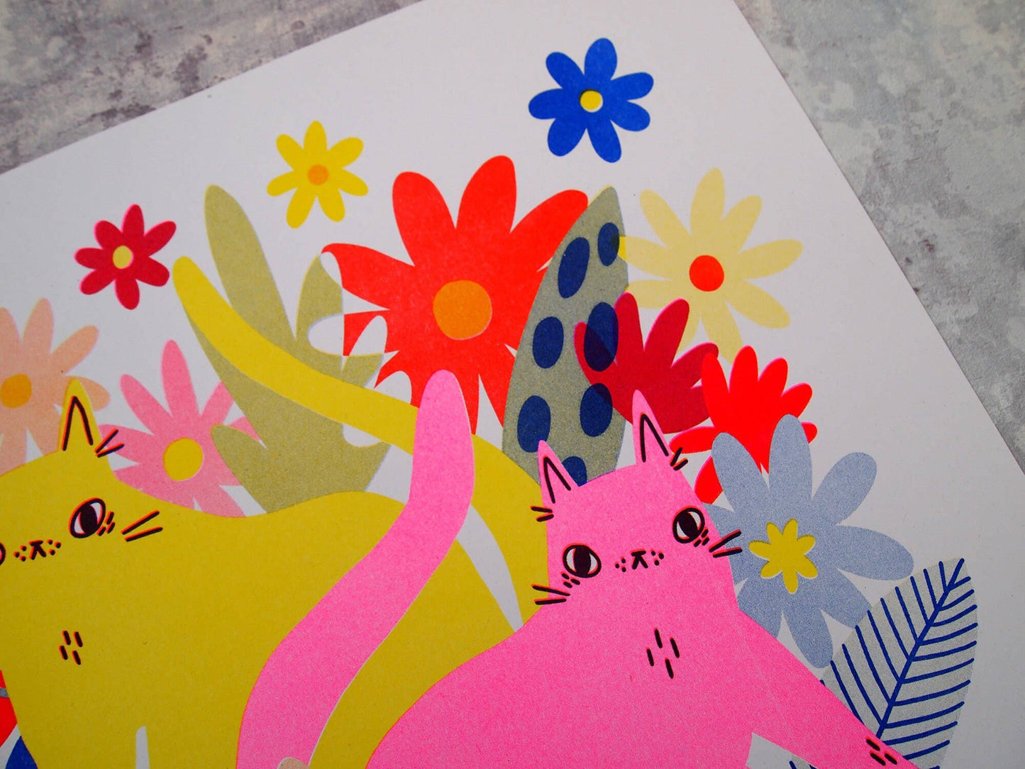 Cats and Flowers Riso Print Artwork