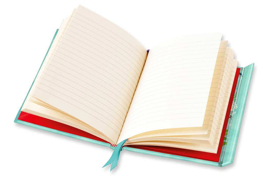 Open book with a turquoise ribbon on a white background