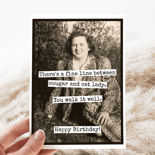 Funny Birthday Card. Fine Line Cougar Cat Lady. Vintage - The Regal Find