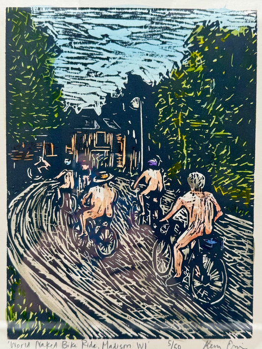 World Naked Bike Ride Original Woodcut Print - The Regal Find
