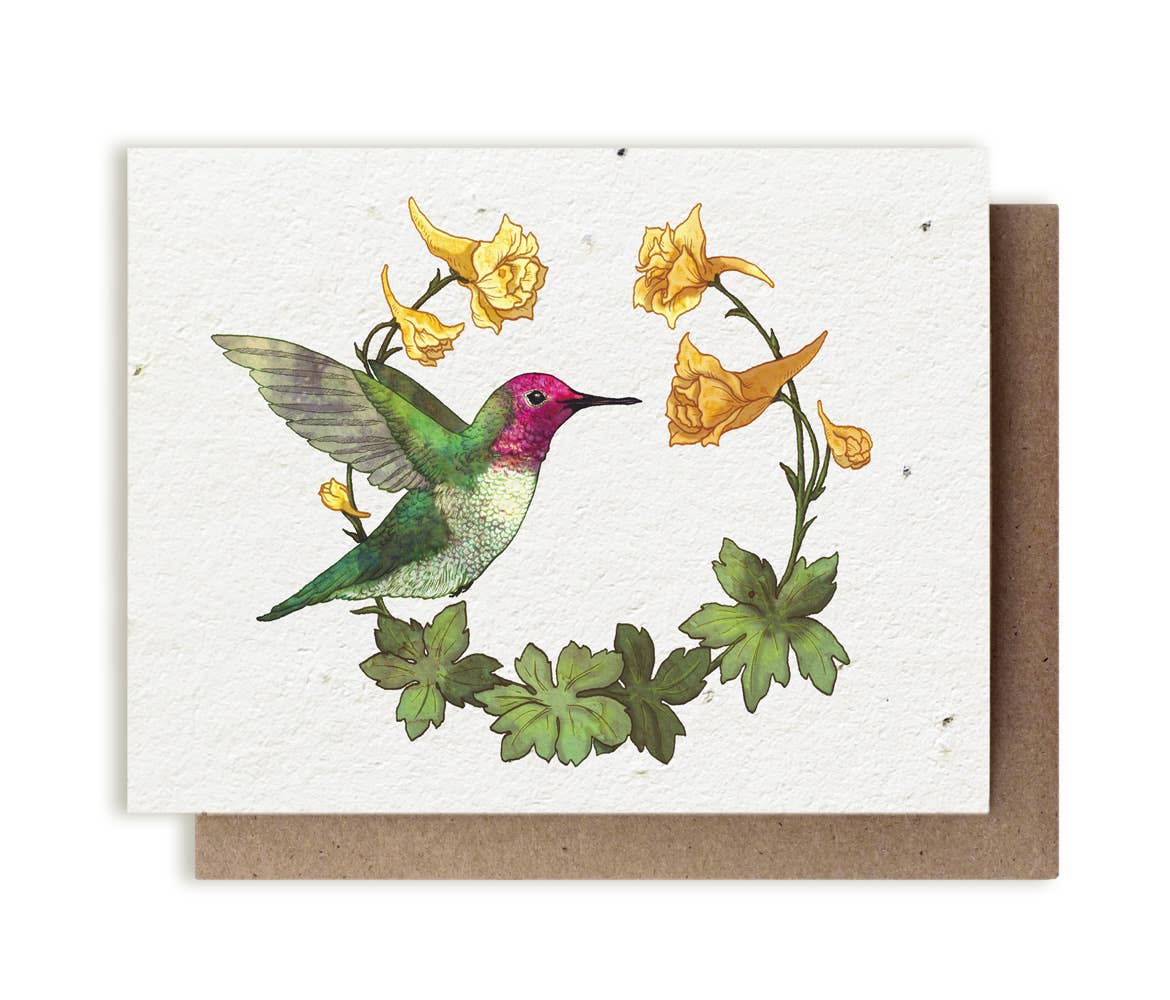 Anna's Hummingbird & Yellow Larkspur Plantable Herb Card: No Sleeves - The Regal Find