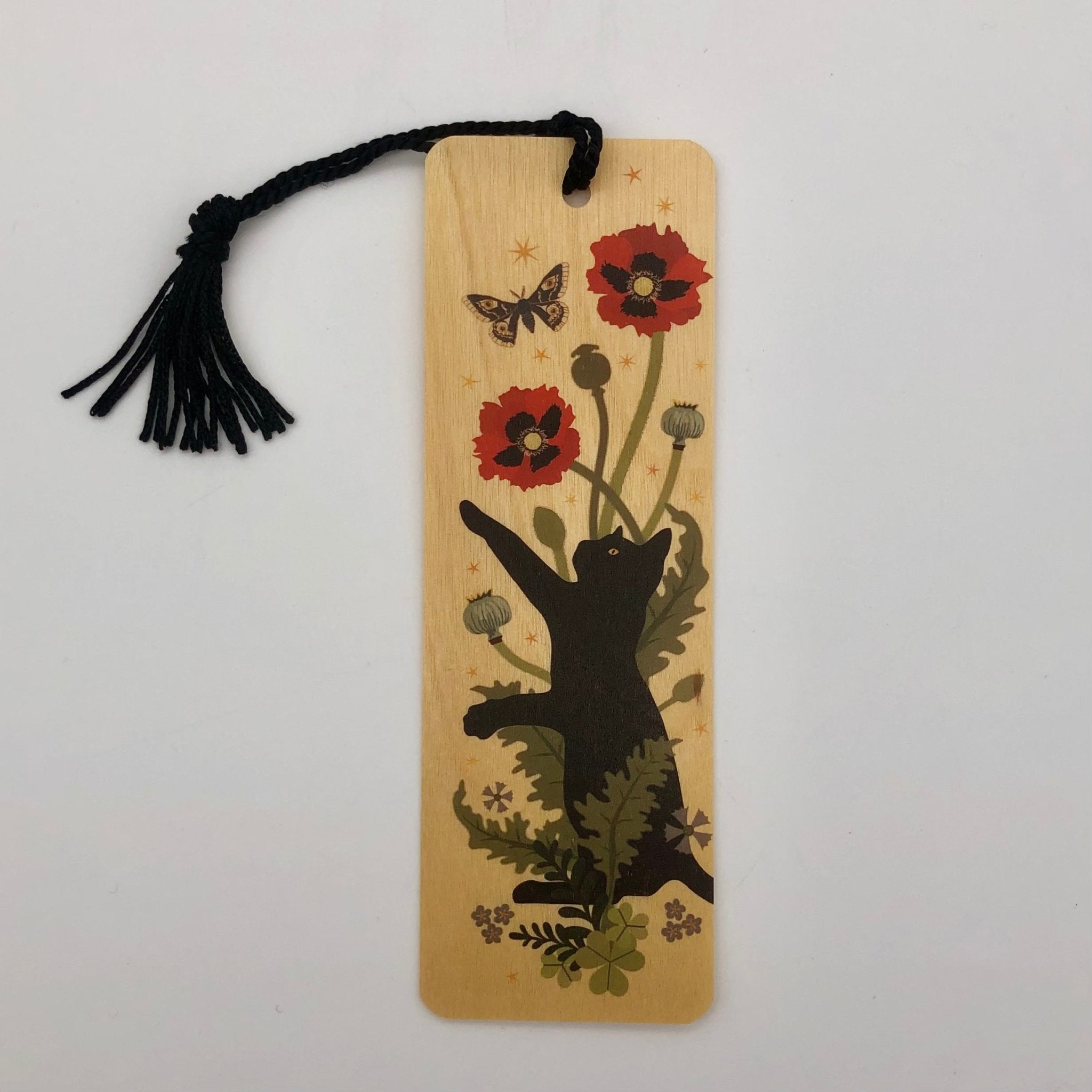Black Cat and Poppies Wood Bookmark with Tassel