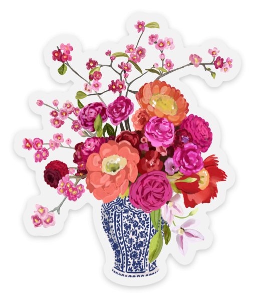 Clear Bouquet in Blue and White Vase Sticker, 2.7inx3.25 in. - The Regal Find