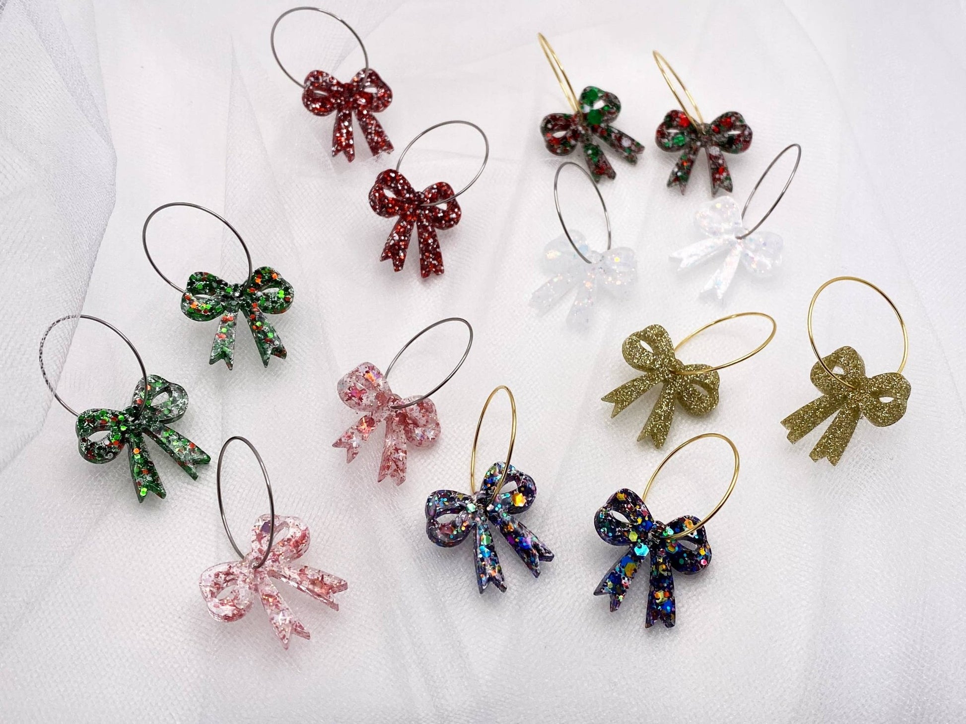 Fun Holiday Bow Hoops Earrings: Xmas Tree / Silver Hoops - The Regal Find