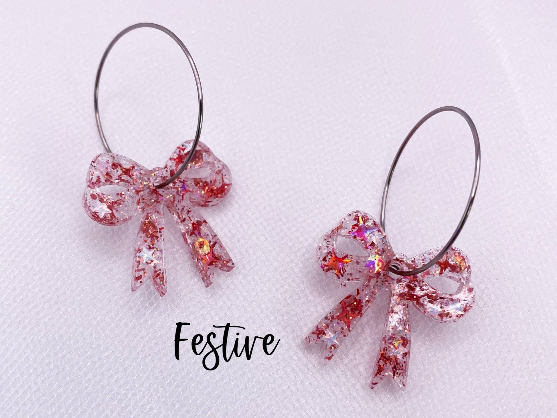 Fun Holiday Bow Hoops Earrings: Xmas Tree / Silver Hoops - The Regal Find